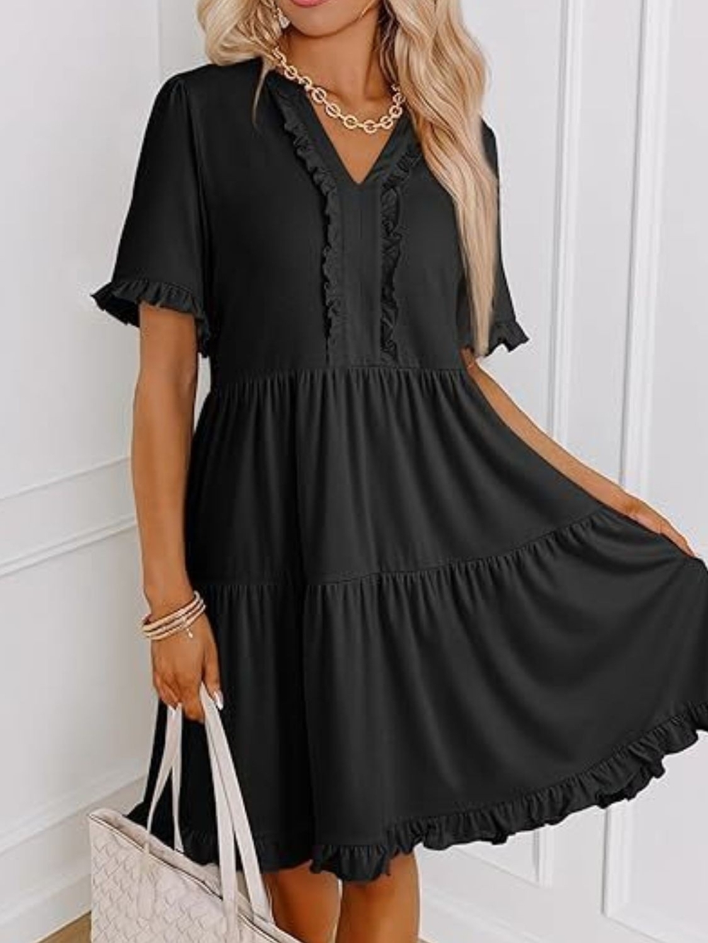 Women’s Black Ruffle V-Neck Tiered Dress- Full & Plus Sizes